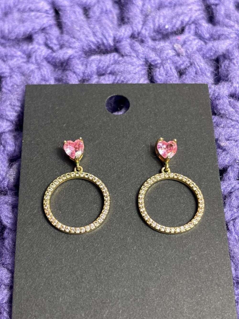 Pink Rhinestone Heart Goldtone Clear Rhinestone Circle Hoop Dangle Earrings 1 in